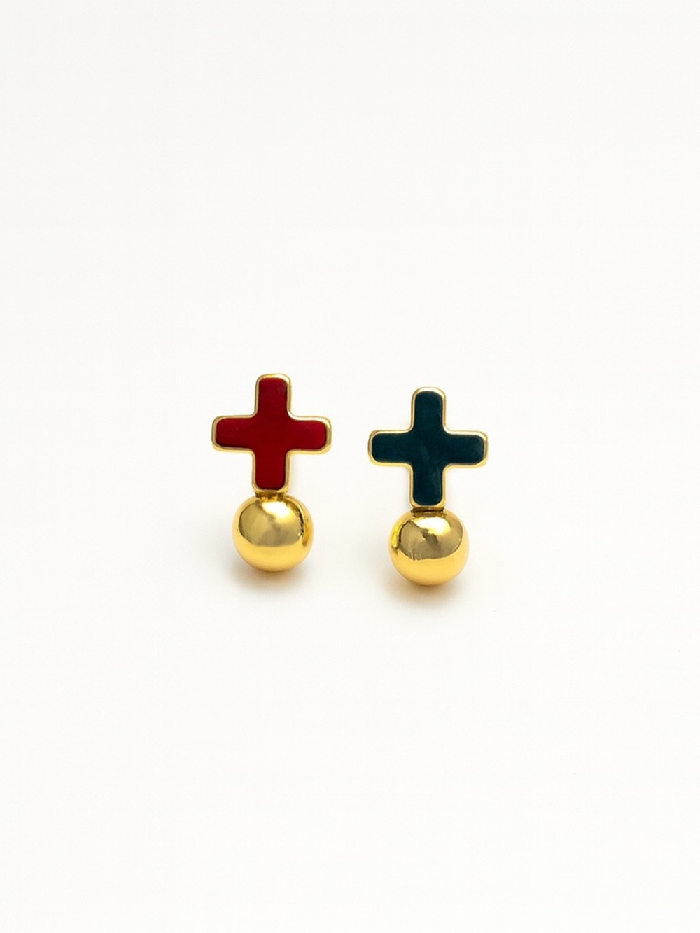 Elegant gold cross stud earrings with gold ball drops - Picture 2 of 3